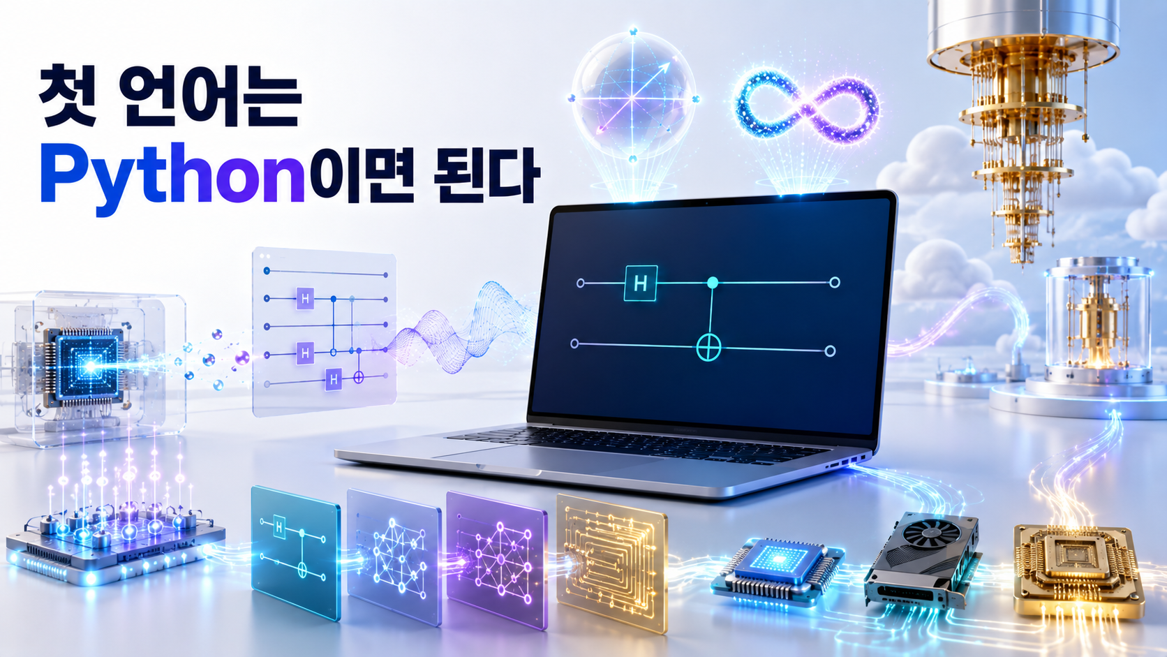 Python으로 기본 양자회로를 작성한 뒤 양자 머신러닝과 클라우드 QPU, GPU·HPC와 회로 컴파일 분야로 학습을 확장하는 모습